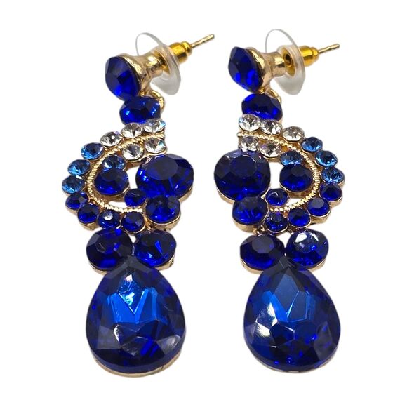Pierced Earrings Royal Blue Dangle Clear Rhinestones Elegant Gift SKU2154 - Picture 4 of 5